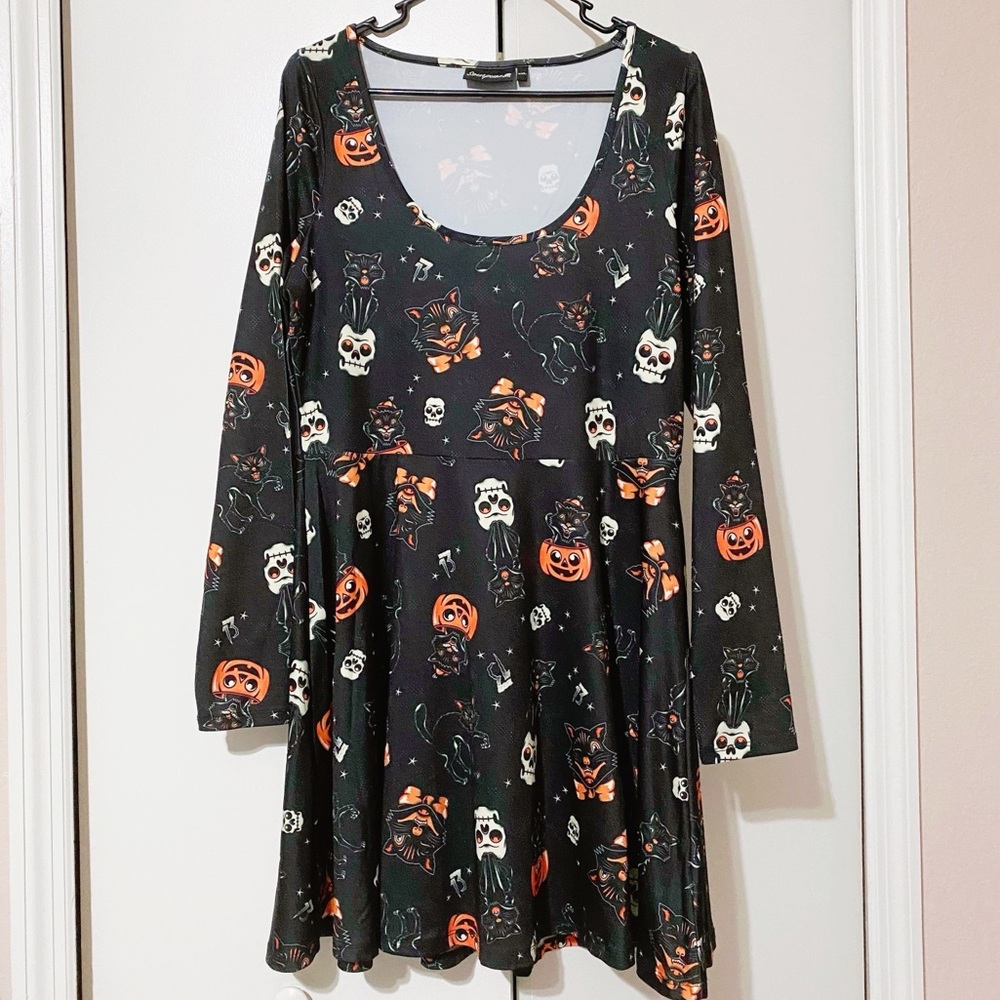 Sourpuss Halloween black cats pumpkin skull dress